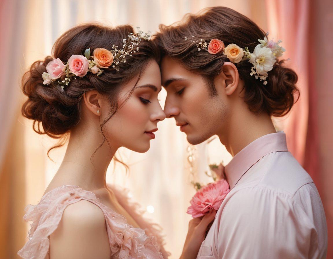 A close-up of a stylishly tousled hairstyle adorned with delicate flowers and soft ribbons, surrounded by subtle hints of romance like heart motifs and warm, inviting colors. In the background, silhouettes of two figures leaning in, emphasizing a flirtatious connection enhanced by their playful hairstyles. The overall mood is dreamy and enchanting, capturing the allure of styling in love. soft focus. vibrant colors. romantic theme.